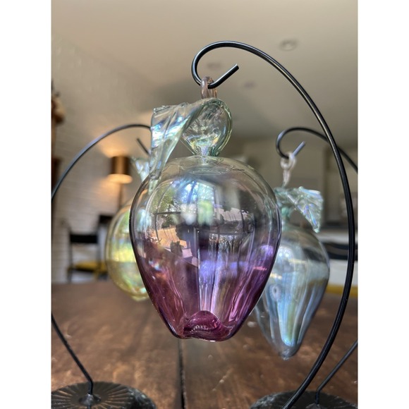 SET of 3 Vintage Italian Artisan HAND BLOWN GLASS Fruit Ornaments + Stands - Picture 8 of 16